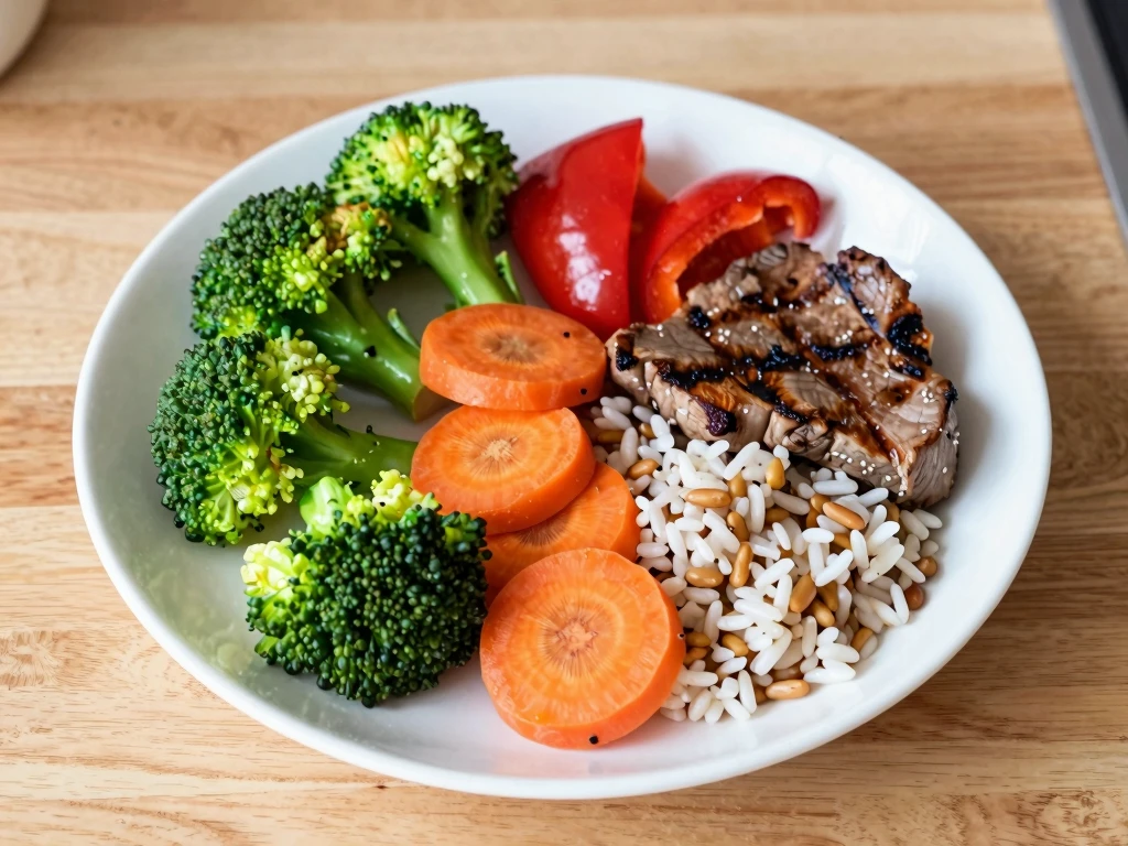 Stiliseret illustration af et balanceret måltid med grøntsager