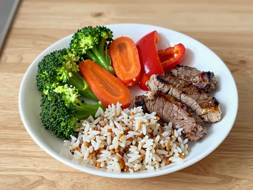 Stiliseret illustration af et balanceret måltid med grøntsager