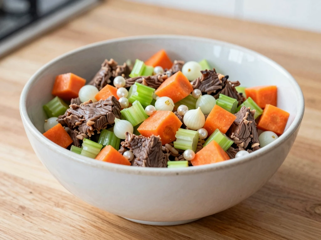 Stiliseret illustration af en skål med varierede ingredienser